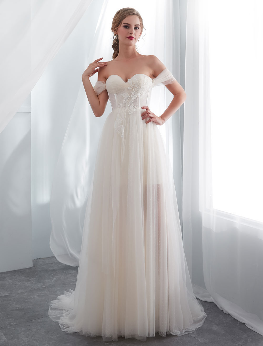 Wedding Dresses Tulle Ivory Off The Shoulder Sweetheart Beach Bridal Dress With Train-newarrivaldress