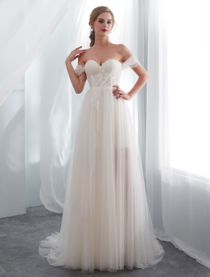 Wedding Dresses Tulle Ivory Off The Shoulder Sweetheart Beach Bridal Dress With Train-newarrivaldress