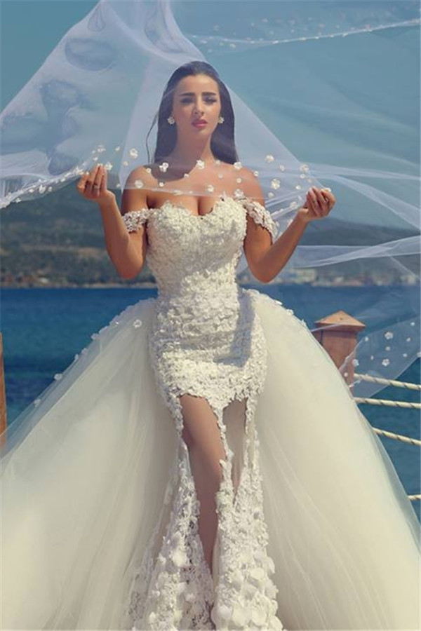 New Wedding Dresses Sweetheart Straps Mermaid Lace Appliques Tulle Court Train Sheer Bridal Gowns-newarrivaldress