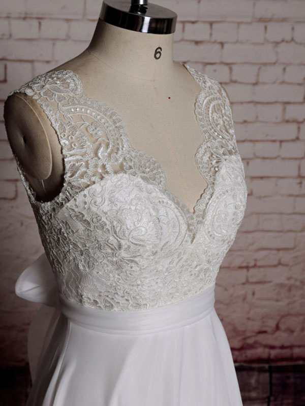 Simple Wedding Dress A Line Lace V Neck Sleeveless Bows Bridal Dresses With Chapel Train-newarrivaldress