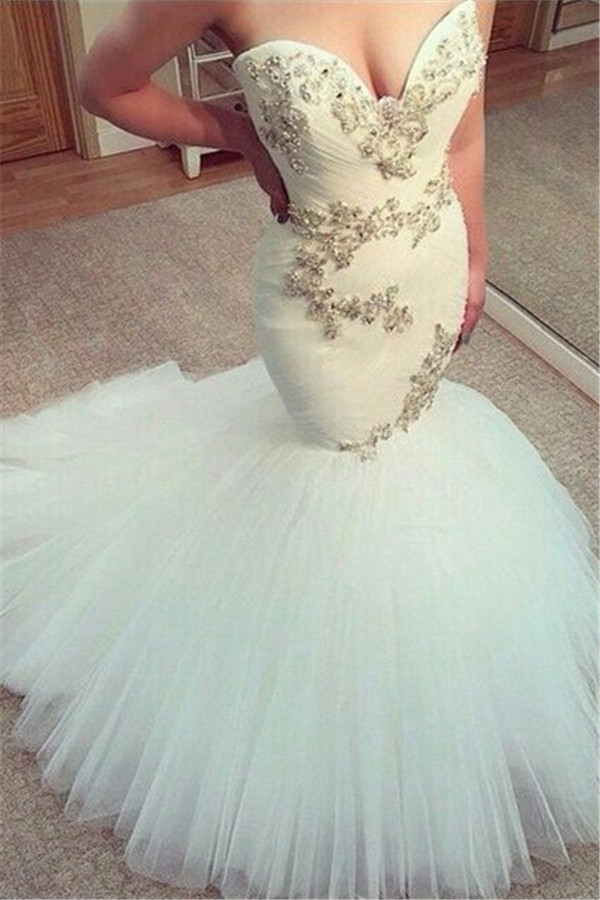 Sexy White Sweetheart Tulle Long Wedding Dress New Arrival Mermaid Custom Made Bridal Gowns-newarrivaldress