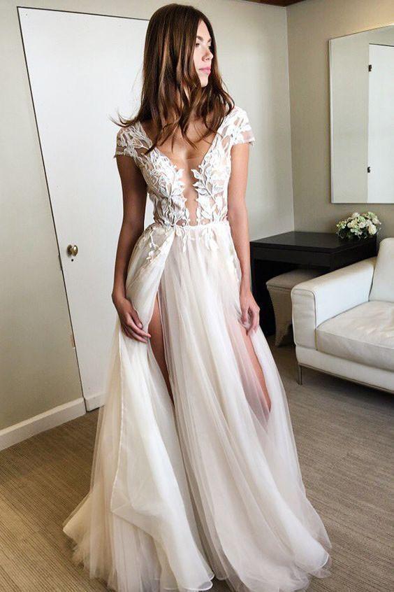 Sexy Cap Sleeve Deep V-neck With Appliques Split Tulle Wedding Dress-newarrivaldress
