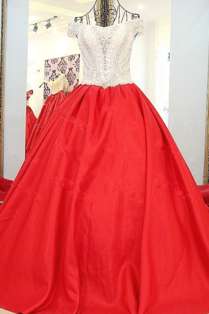 Popular Lace-up Appliques V-Neck Off-the-shoulder Ball Gown Evening Dress-newarrivaldress