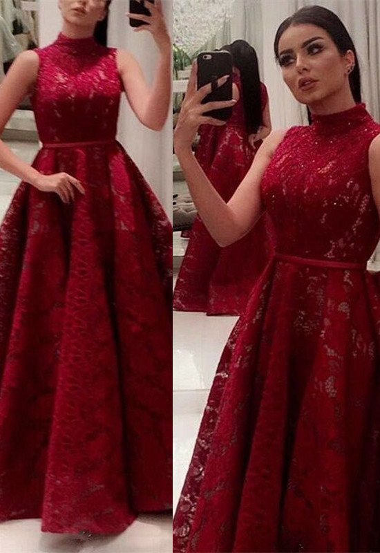Newest Lace High Neck Red A-line Long Prom Dress-newarrivaldress