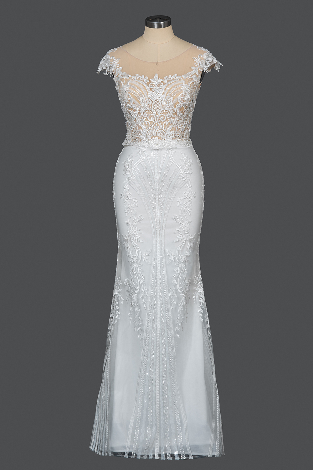 Charming Cap Sleeve Mermaid Wedding Dress White Tulle Lace Appliques with Detachable Sweep Train-newarrivaldress