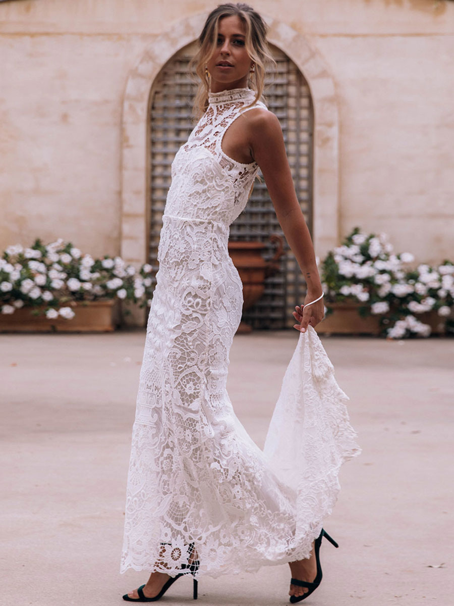 Boho Wedding Dress 2021 Sheath High Neck Sleeveless Floor Length Bridal Gown-newarrivaldress