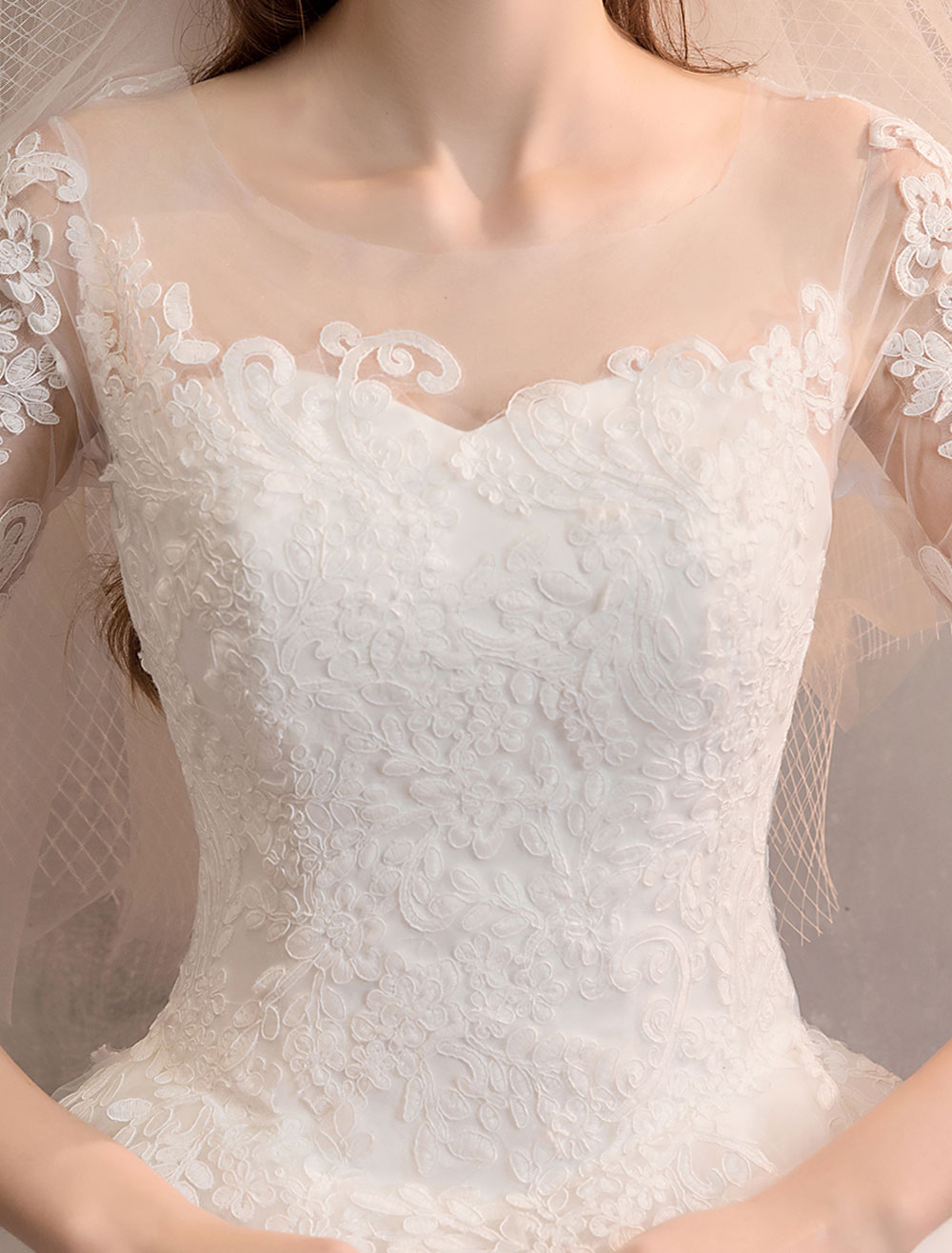 Ivory Wedding Dresses Tulle Illusion Neckline Half Sleeve Floor Length Princess Bridal Gown-newarrivaldress