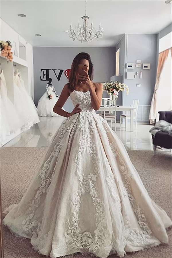 Flowers Strapless Appliques Ball Gown Wedding Dresses | Sexy Sleeveless Bridal Gowns Online with Sweep Train-newarrivaldress