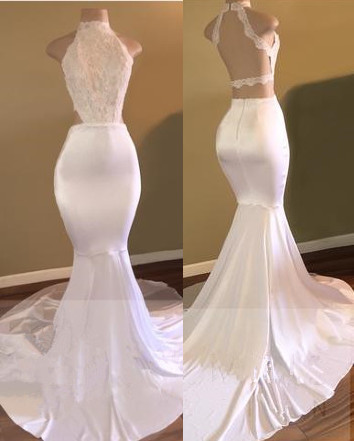 New Arrival High Neck Sleeveless Evening Gowns | White Mermaid Prom Dresses-newarrivaldress