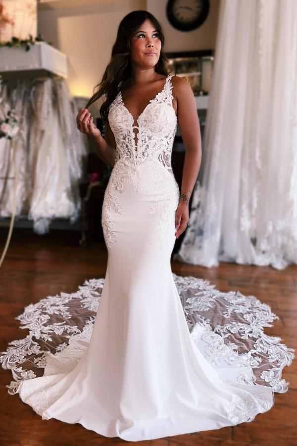 Gorgeous Sleeveless Mermaid Wedding Dress V-Neck Floral Lace Bridal Gown-newarrivaldress