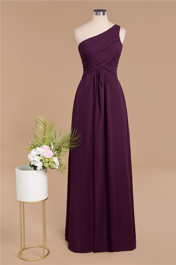 Elegant Ruched Chiffon One Shoulder Bridesmaid Dress Long Sleeveless Evening Dress