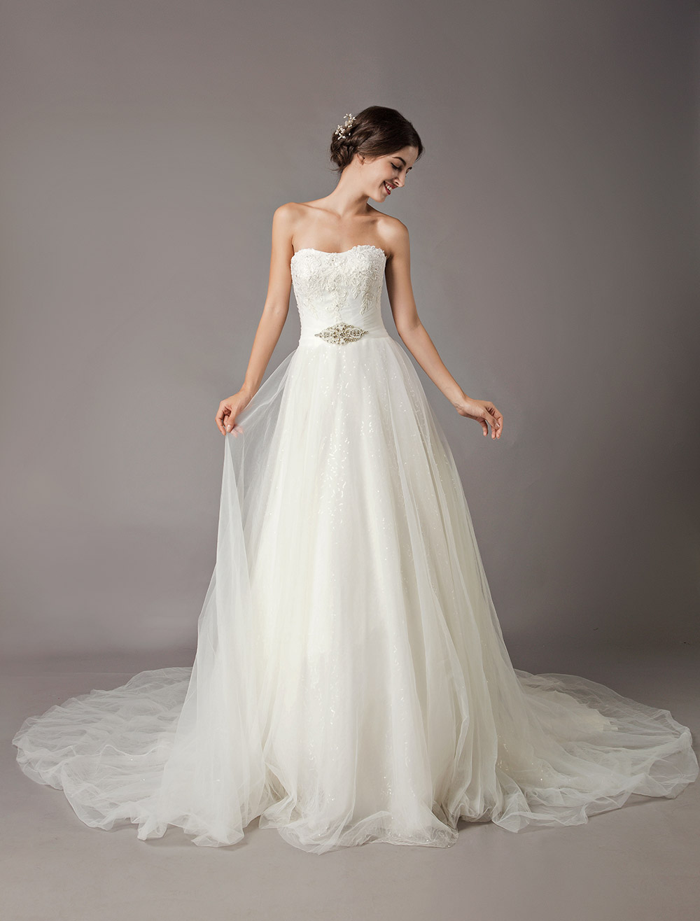 Wedding Dresses Ivory Strapless Lace Beaded Chapel Train Bridal Gowns-newarrivaldress