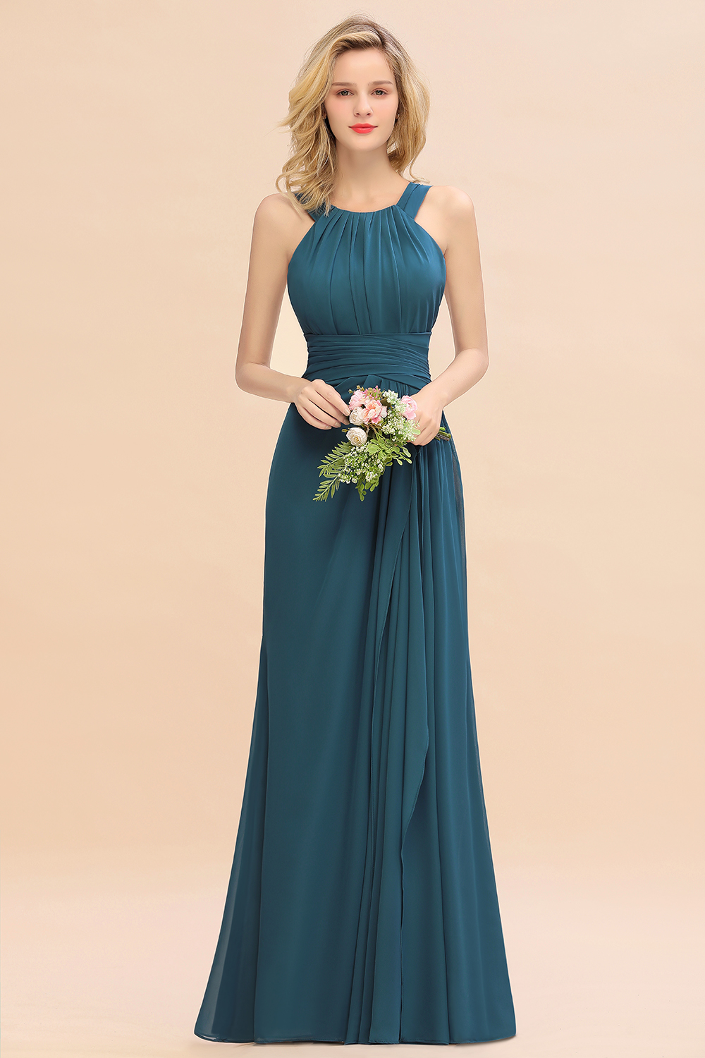 Halter Ruched Chiffon Mermaid Bridesmaid Dress Long Wedding Guest Dress-newarrivaldress