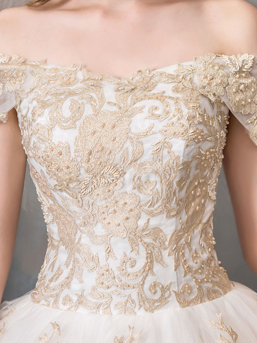 Wedding Dresses 2021 Ball Gown Off Shoulder Golden Lace Appliqued Floor Length Bridal Dress-newarrivaldress
