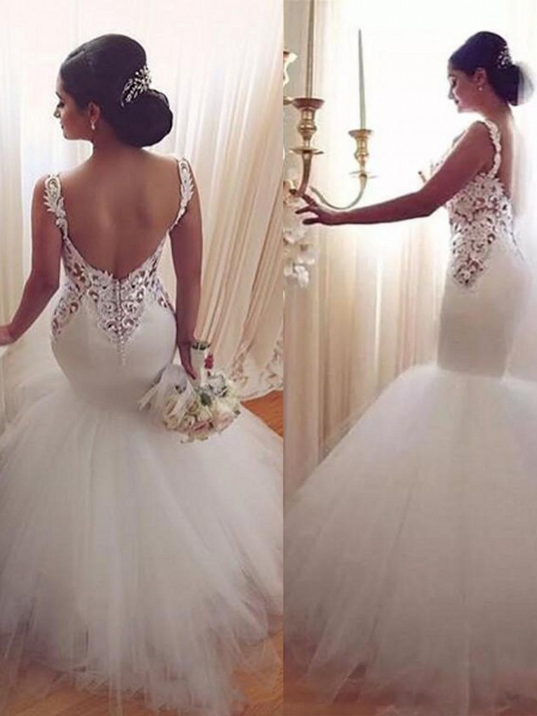 Lace Appliques V-Neck Sexy Mermaid Wedding Dresses Online Sleeveless Tulle Bridal Gowns-newarrivaldress