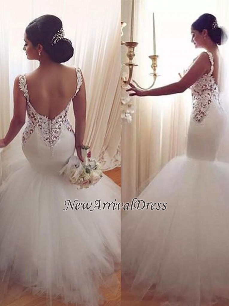 Lace Appliques V-Neck Sexy Mermaid Wedding Dresses Online Sleeveless Tulle Bridal Gowns-newarrivaldress