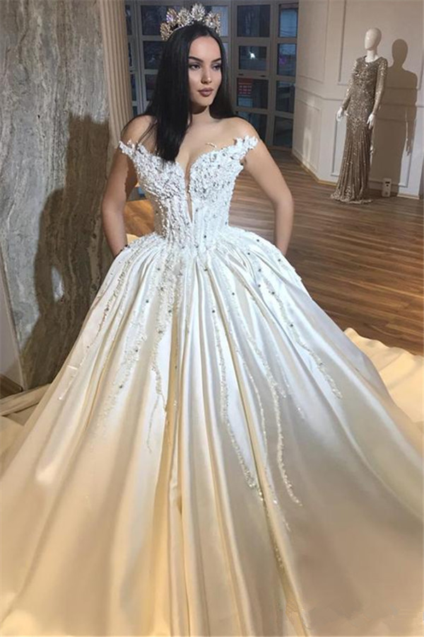 Luxury Off The Shoulder Royal Wedding Dresses Sexy | Beads Appliques Puffy Satin Wedding Dress-newarrivaldress