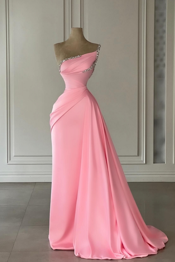 One Shoulder Pink Ruched Satin Long Prom Dresses Sparkly Sequins Floor Length Party Gown-newarrivaldress
