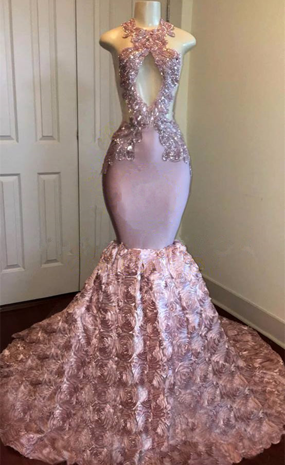 Open Back Pink Mermaid Junior Long Prom Dresses Onine | Sleeveless Lace Appliques Formal Dresses-newarrivaldress