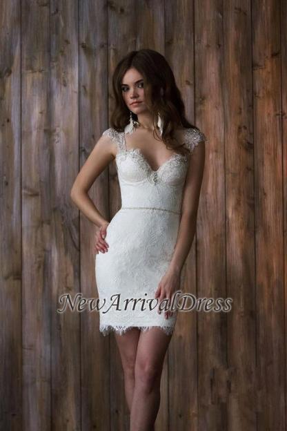 Cap Sleeve Sexy V-neck Crystals Detachable Tulle Overskirt Wedding Dresses-newarrivaldress