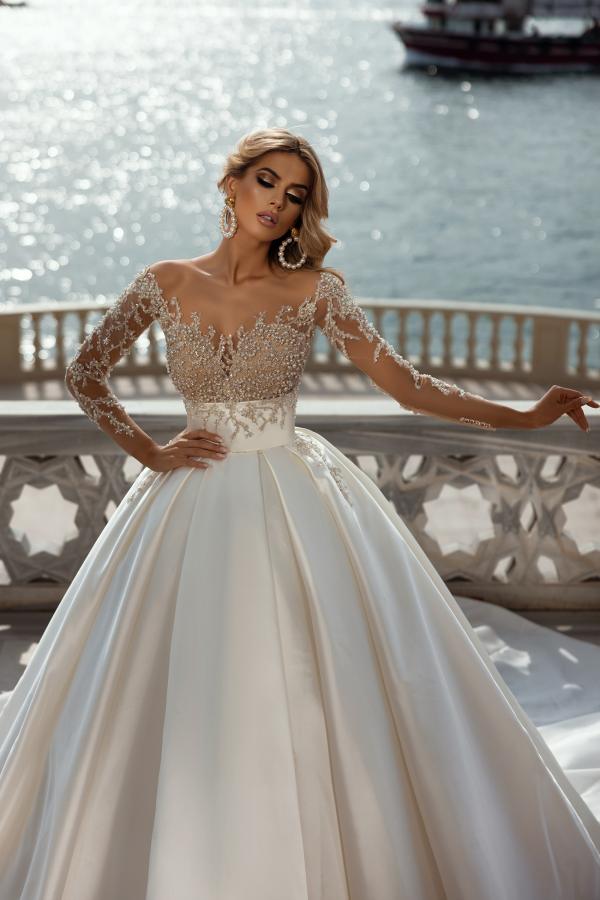 Glamorous Long Sleeves Wedding Dress Crystals Pearls Satin Bridal Gown-newarrivaldress