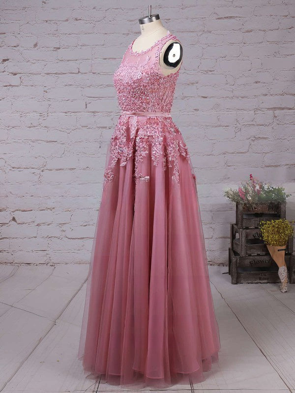 Elegant Crew Tulle A-line Evening Dress with Lace Appliques Floor-Length Formal Dresses-newarrivaldress