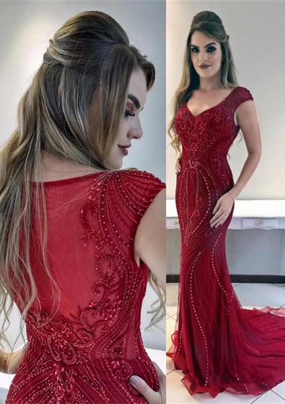 Red Cap-Sleeves Mermaid Gorgeous Prom Dress-newarrivaldress