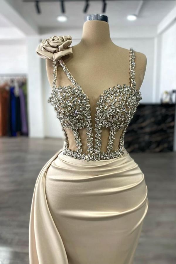Stunning Champagne Satin Sheath Evening Dress with Sparkly Crystals-newarrivaldress