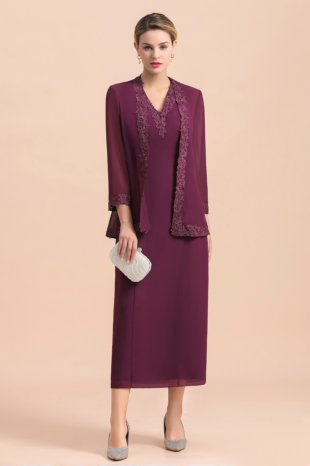 Grape Chiffon 2 Piece Mother of Bride Dress with Wraps Lace Appliques Wedding Guest Suits-newarrivaldress