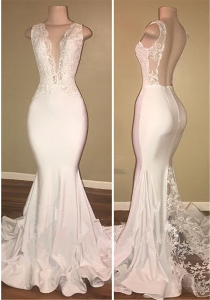 White Open Back V-neck Lace Mermaid Sleeveless Prom Dresses-newarrivaldress