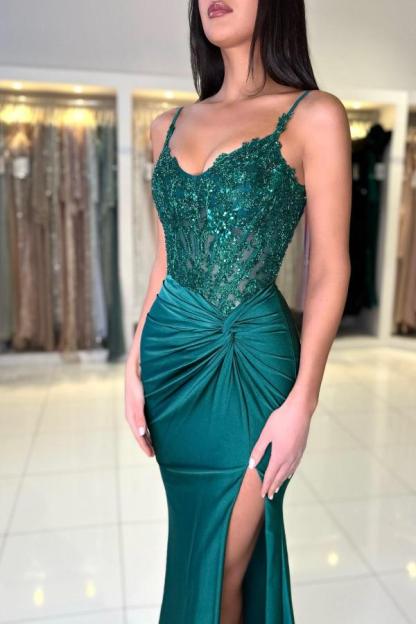 Sleeveless Dark Green Ruched Satin Mermaid Evening Dress Glitter Sequins Bodycon Prom Dress with Slit-newarrivaldress