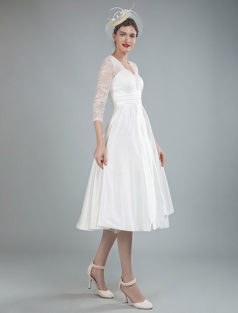 Short Wedding Dresses V Neck 3/4 Length Sleeves A Line Tea Length Traditional Bridal Dresses-newarrivaldress