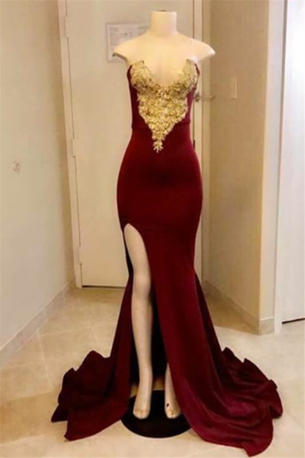 Strapless Mermaid Burgundy Long Prom Dresses with Slit | Gold Appliques Side Slit Evening Gowns-newarrivaldress