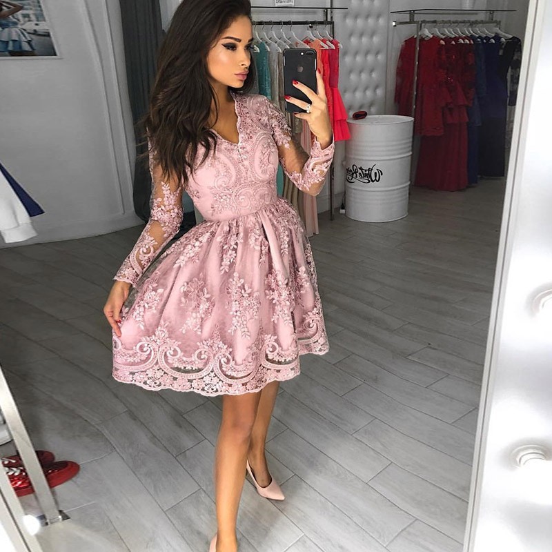 Modest Long Sleeve Lace Appliques Homecoming Dress | Short Party Gown-newarrivaldress