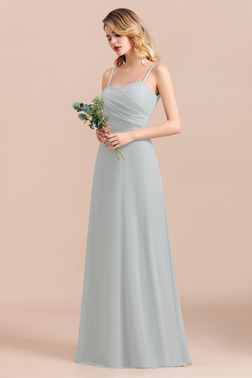 Spaghetti Straps Sweetheart Silver Bridesmaid Dresses Long Chiffon Wedding Guest Dress-newarrivaldress