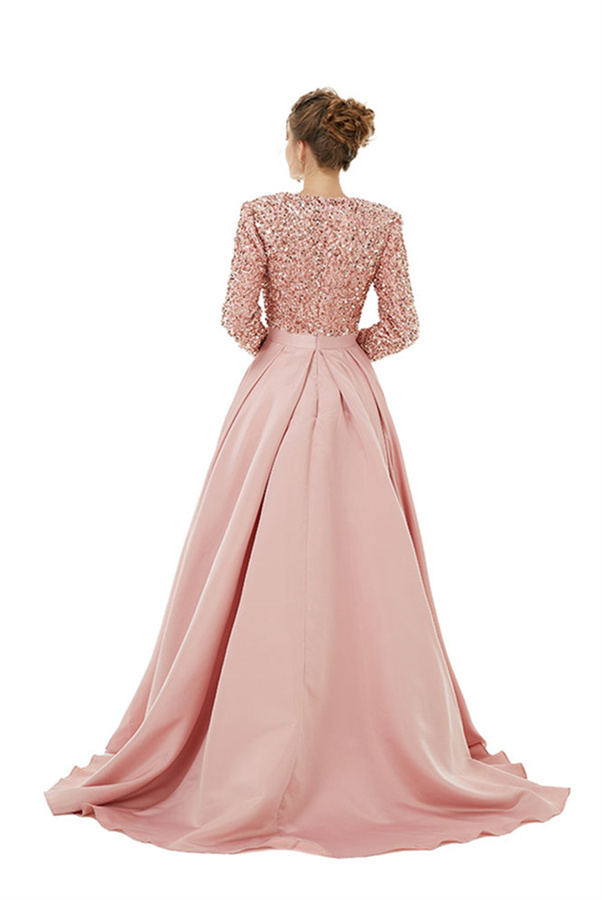 Charming Sparkly Sequins Long Evening Dress Satin Side Split Dress with Long Sleeves-newarrivaldress