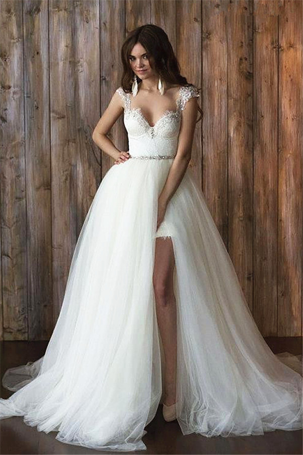 Cap Sleeve Sexy V-neck Crystals Detachable Tulle Overskirt Wedding Dresses-newarrivaldress