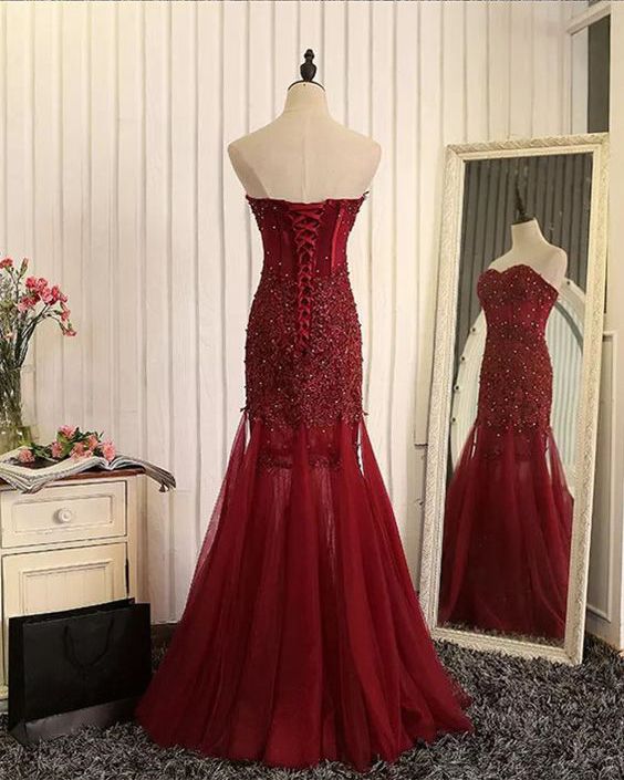 Mermaid Beaded Tulle Brilliant Sweetheart Sleeveless Lace Appliques Long Prom Dresses-newarrivaldress