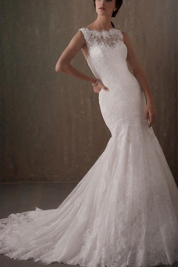 Elegant Sleeveless White Lace Wedding Dress Scoop Neck Mermaid Wedding Dress-newarrivaldress