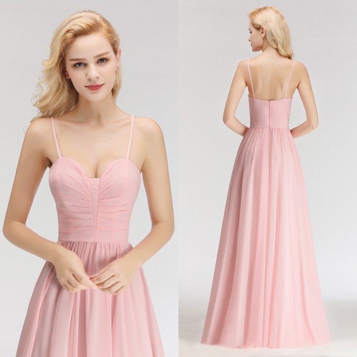 Simple A-line Spaghetti-Strap Floor-length Sleeveless Chiffon Pink Zipper Bridesmaid Dress-newarrivaldress