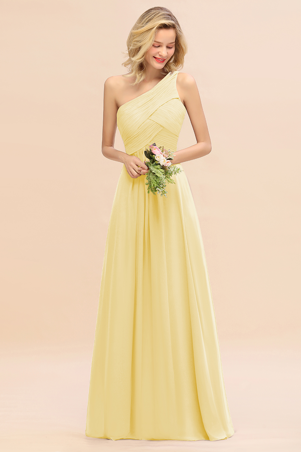 Elegant Ruched Chiffon One Shoulder Bridesmaid Dress Long Sleeveless Evening Dress-newarrivaldress