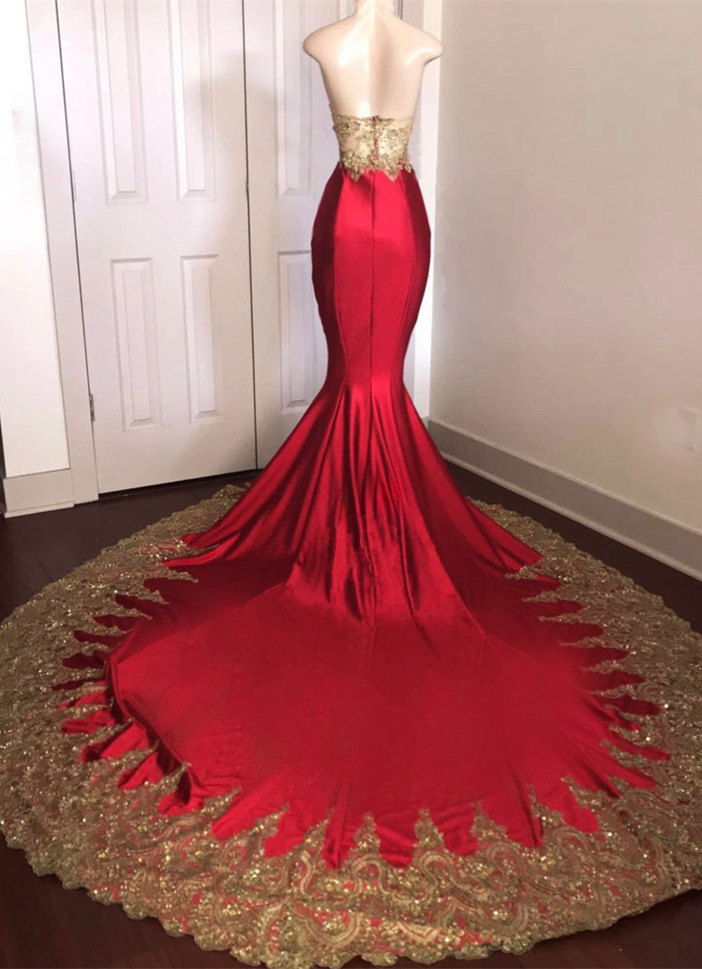 Strapless Red Prom Dresses with Gold Lace | Mermaid Formal Dresses with Court Train-newarrivaldress