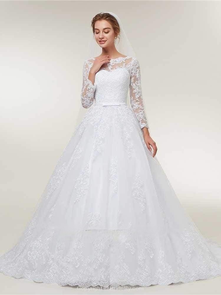Stunning White Floral Lace Appliques Long Sleeves Aline Wedding Gown-newarrivaldress