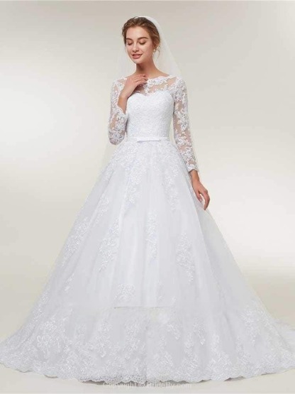Stunning White Floral Lace Appliques Long Sleeves Aline Wedding Gown-newarrivaldress