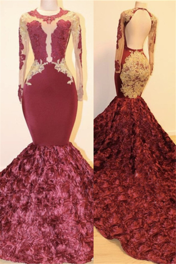 Open Back Gold Lace Burgundy Long Prom Dresses Plus Size | Mermaid Long Sleeve Formal Dresses for Juniors-newarrivaldress