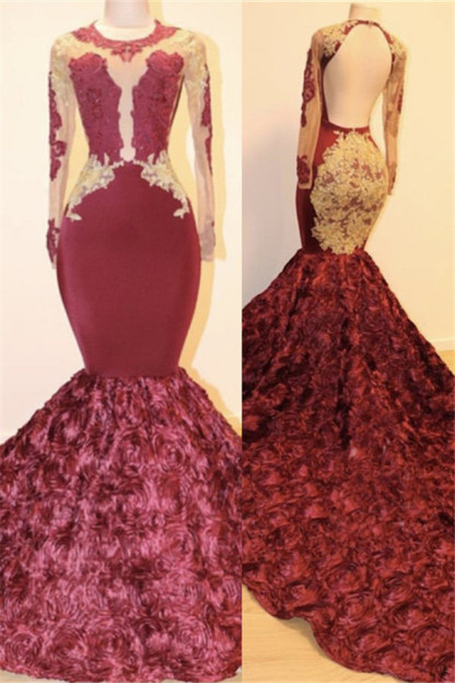 Open Back Gold Lace Burgundy Long Prom Dresses Plus Size | Mermaid Long Sleeve Formal Dresses for Juniors-newarrivaldress