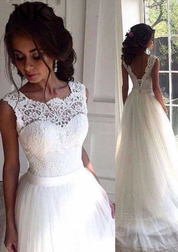 Sleeveless Sexy Wedding Dresses Online | Ribbon Lace Tulle Sweep Train Bateau Bridal Gowns-newarrivaldress