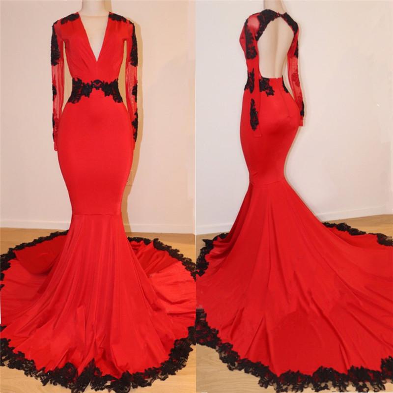 Long Sleeve Red Long Prom Dresses with Black Lace | V-neck Open Back Mermaid Formal Dresses-newarrivaldress