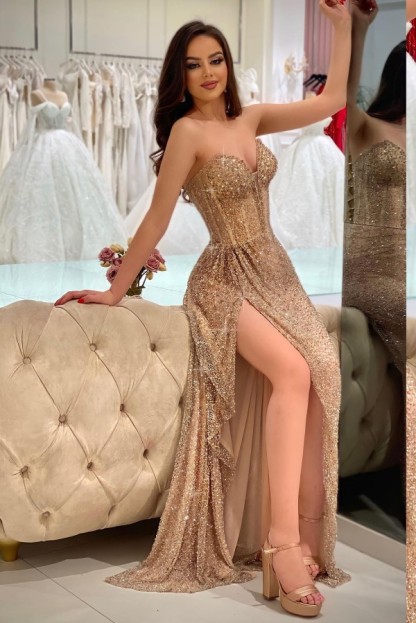 Glitter Sweetheart Gold Evening Dresses Long | Simple Side Split Prom Dresses-newarrivaldress