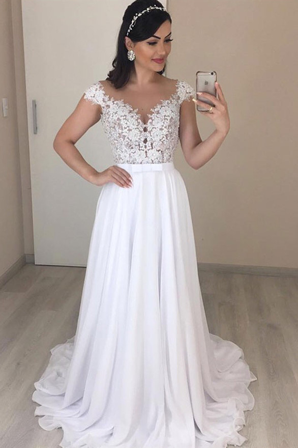 Gorgeous Cap Sleeves V-Neck Long Wedding Dresses | Lace Chiffon Bridal Gowns-newarrivaldress